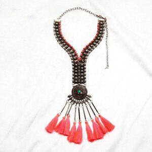 Bohemian Statement Necklace Fringe Tassels Rhinestones Pink Silver Blue Long